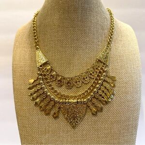 New Egyptian Style Bib Statement Necklace gold tone w/ beads & dangles